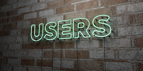 USERS - Glowing Neon Sign on stonework wall - 3D rendered royalty free stock illustration.  Can be used for online banner ads and direct mailers..