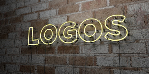 LOGOS - Glowing Neon Sign on stonework wall - 3D rendered royalty free stock illustration.  Can be used for online banner ads and direct mailers..