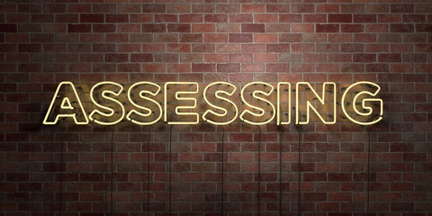 ASSESSING - fluorescent Neon tube Sign on brickwork - Front view - 3D rendered royalty free stock picture. Can be used for online banner ads and direct mailers..
