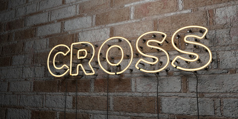 CROSS - Glowing Neon Sign on stonework wall - 3D rendered royalty free stock illustration.  Can be used for online banner ads and direct mailers..