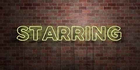 STARRING - fluorescent Neon tube Sign on brickwork - Front view - 3D rendered royalty free stock picture. Can be used for online banner ads and direct mailers..