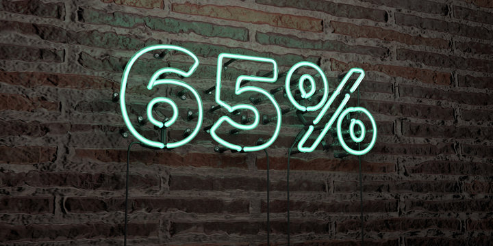 65% -Realistic Neon Sign on Brick Wall background - 3D rendered royalty free stock image. Can be used for online banner ads and direct mailers..