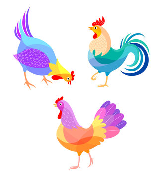 Stylized Chickens. Roosters illustration. Chinese New Year symbol design isolated on white background.