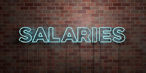 SALARIES - fluorescent Neon tube Sign on brickwork - Front view - 3D rendered royalty free stock picture. Can be used for online banner ads and direct mailers..
