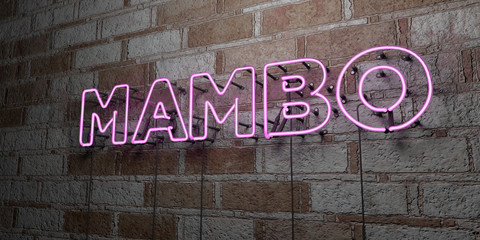 MAMBO - Glowing Neon Sign on stonework wall - 3D rendered royalty free stock illustration.  Can be used for online banner ads and direct mailers..