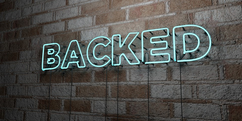 BACKED - Glowing Neon Sign on stonework wall - 3D rendered royalty free stock illustration.  Can be used for online banner ads and direct mailers..