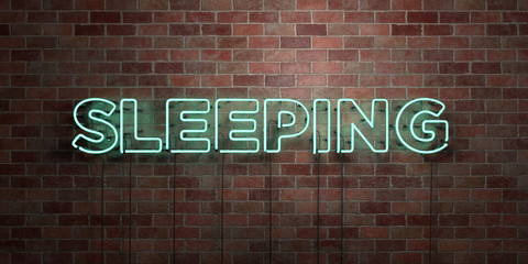 SLEEPING - fluorescent Neon tube Sign on brickwork - Front view - 3D rendered royalty free stock picture. Can be used for online banner ads and direct mailers..