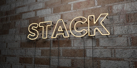 STACK - Glowing Neon Sign on stonework wall - 3D rendered royalty free stock illustration.  Can be used for online banner ads and direct mailers..