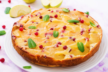 Appetizing pie with apples and cranberries on a light background.