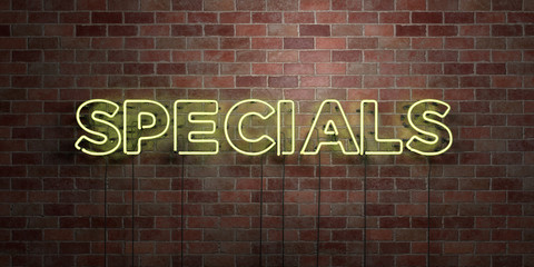 SPECIALS - fluorescent Neon tube Sign on brickwork - Front view - 3D rendered royalty free stock picture. Can be used for online banner ads and direct mailers..