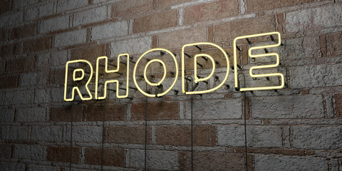 RHODE - Glowing Neon Sign on stonework wall - 3D rendered royalty free stock illustration.  Can be used for online banner ads and direct mailers..
