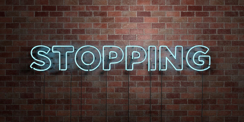 STOPPING - fluorescent Neon tube Sign on brickwork - Front view - 3D rendered royalty free stock picture. Can be used for online banner ads and direct mailers..