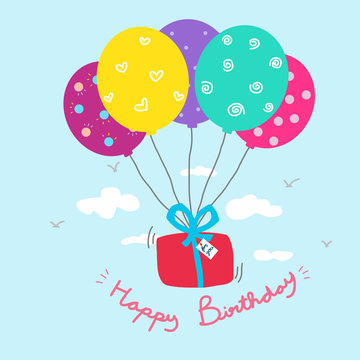 Happy Birthday gift box and colorful balloon cartoon illustration