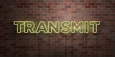 TRANSMIT - fluorescent Neon tube Sign on brickwork - Front view - 3D rendered royalty free stock picture. Can be used for online banner ads and direct mailers..