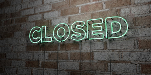 CLOSED - Glowing Neon Sign on stonework wall - 3D rendered royalty free stock illustration.  Can be used for online banner ads and direct mailers..
