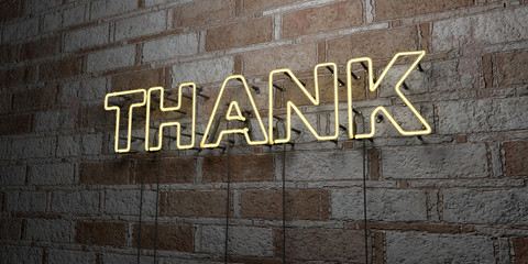 THANK - Glowing Neon Sign on stonework wall - 3D rendered royalty free stock illustration.  Can be used for online banner ads and direct mailers..