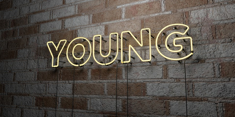 YOUNG - Glowing Neon Sign on stonework wall - 3D rendered royalty free stock illustration.  Can be used for online banner ads and direct mailers..