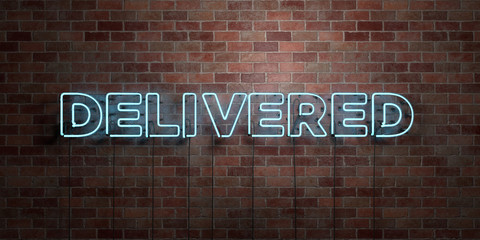 DELIVERED - fluorescent Neon tube Sign on brickwork - Front view - 3D rendered royalty free stock picture. Can be used for online banner ads and direct mailers..