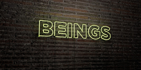 BEINGS -Realistic Neon Sign on Brick Wall background - 3D rendered royalty free stock image. Can be used for online banner ads and direct mailers..