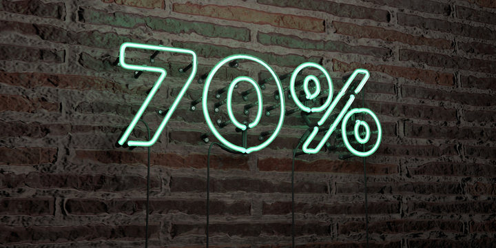 70% -Realistic Neon Sign on Brick Wall background - 3D rendered royalty free stock image. Can be used for online banner ads and direct mailers..