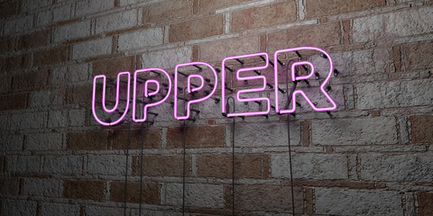 UPPER - Glowing Neon Sign on stonework wall - 3D rendered royalty free stock illustration.  Can be used for online banner ads and direct mailers..