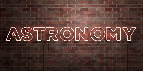 ASTRONOMY - fluorescent Neon tube Sign on brickwork - Front view - 3D rendered royalty free stock picture. Can be used for online banner ads and direct mailers..