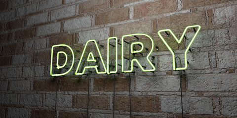 DAIRY - Glowing Neon Sign on stonework wall - 3D rendered royalty free stock illustration.  Can be used for online banner ads and direct mailers..