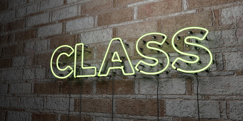 CLASS - Glowing Neon Sign on stonework wall - 3D rendered royalty free stock illustration.  Can be used for online banner ads and direct mailers..