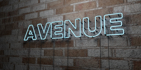 AVENUE - Glowing Neon Sign on stonework wall - 3D rendered royalty free stock illustration.  Can be used for online banner ads and direct mailers..