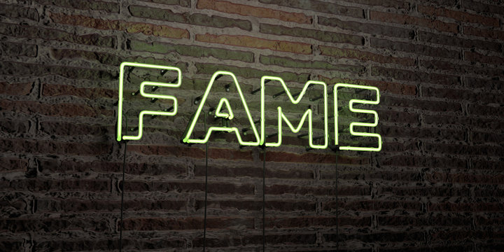 FAME -Realistic Neon Sign on Brick Wall background - 3D rendered royalty free stock image. Can be used for online banner ads and direct mailers..