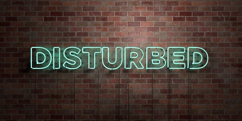 DISTURBED - fluorescent Neon tube Sign on brickwork - Front view - 3D rendered royalty free stock picture. Can be used for online banner ads and direct mailers..