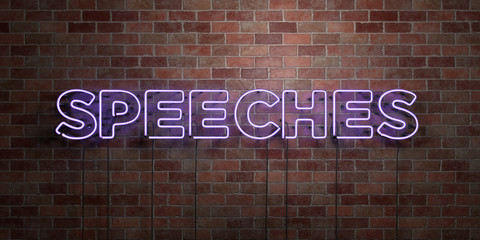 SPEECHES - fluorescent Neon tube Sign on brickwork - Front view - 3D rendered royalty free stock picture. Can be used for online banner ads and direct mailers..