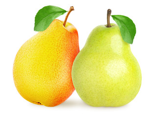 Two whole pear fruits isolated on white, clipping path
