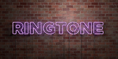 RINGTONE - fluorescent Neon tube Sign on brickwork - Front view - 3D rendered royalty free stock picture. Can be used for online banner ads and direct mailers..