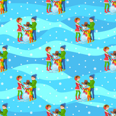 Vector illustration of seamless background happy family playing in winter make snowman walking outdoor.