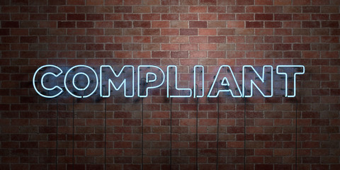 COMPLIANT - fluorescent Neon tube Sign on brickwork - Front view - 3D rendered royalty free stock picture. Can be used for online banner ads and direct mailers..