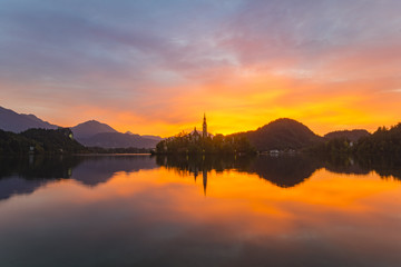 beautiful sunrise on the lake bled