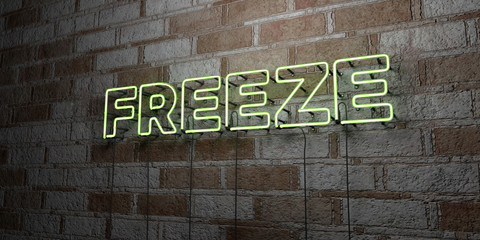 Fototapeta na wymiar FREEZE - Glowing Neon Sign on stonework wall - 3D rendered royalty free stock illustration. Can be used for online banner ads and direct mailers..