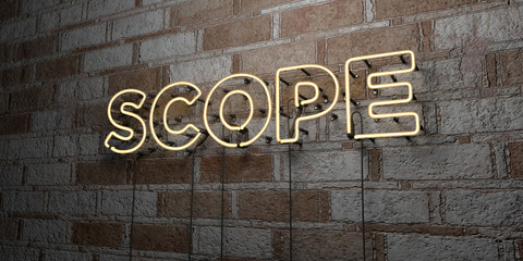SCOPE - Glowing Neon Sign on stonework wall - 3D rendered royalty free stock illustration.  Can be used for online banner ads and direct mailers..
