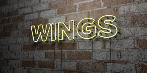 WINGS - Glowing Neon Sign on stonework wall - 3D rendered royalty free stock illustration.  Can be used for online banner ads and direct mailers..