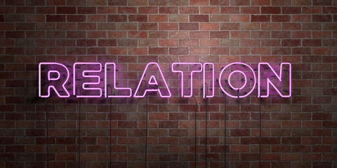 RELATION - fluorescent Neon tube Sign on brickwork - Front view - 3D rendered royalty free stock picture. Can be used for online banner ads and direct mailers..