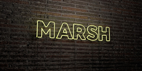 MARSH -Realistic Neon Sign on Brick Wall background - 3D rendered royalty free stock image. Can be used for online banner ads and direct mailers..