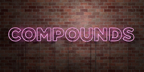 COMPOUNDS - fluorescent Neon tube Sign on brickwork - Front view - 3D rendered royalty free stock picture. Can be used for online banner ads and direct mailers..