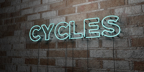 CYCLES - Glowing Neon Sign on stonework wall - 3D rendered royalty free stock illustration.  Can be used for online banner ads and direct mailers..
