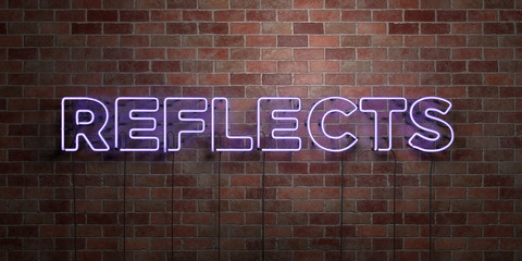 REFLECTS - fluorescent Neon tube Sign on brickwork - Front view - 3D rendered royalty free stock picture. Can be used for online banner ads and direct mailers..