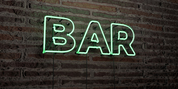 BAR -Realistic Neon Sign on Brick Wall background - 3D rendered royalty free stock image. Can be used for online banner ads and direct mailers..
