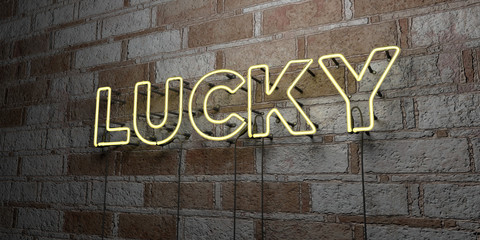 LUCKY - Glowing Neon Sign on stonework wall - 3D rendered royalty free stock illustration.  Can be used for online banner ads and direct mailers..