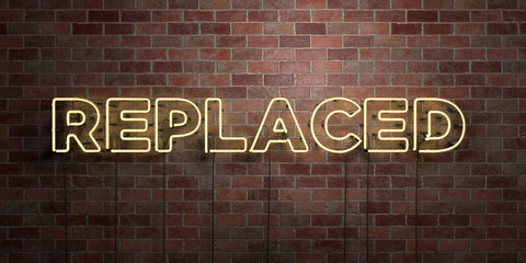 REPLACED - fluorescent Neon tube Sign on brickwork - Front view - 3D rendered royalty free stock picture. Can be used for online banner ads and direct mailers..