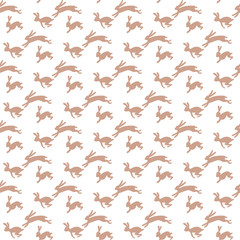 Gold rabbits running on a solid white background Hand drawn flat design seamless pattern