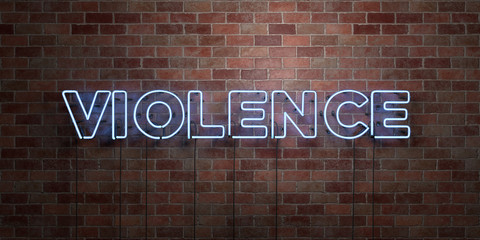 VIOLENCE - fluorescent Neon tube Sign on brickwork - Front view - 3D rendered royalty free stock picture. Can be used for online banner ads and direct mailers..